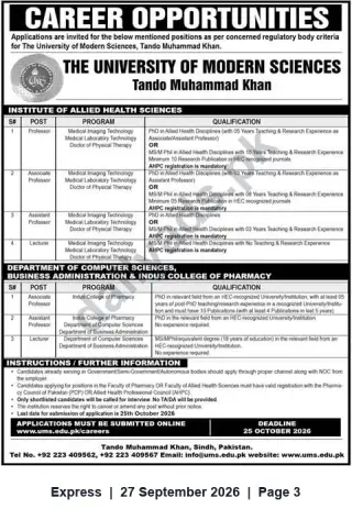 Newspaper clipping: Faculty Vacancies — The University of Modern Sciences, Tando Muhammad Khan — Apply by 2026-10-25, Express, 27 Sep 2026