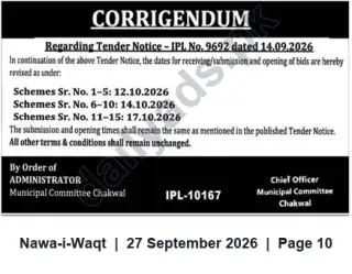 Newspaper clipping: Corrigendum: Tender IPL-9692 (Municipal Committee Chakwal) — Revised Bid Dates, Nawa-i-Waqt, 27 Sep 2026