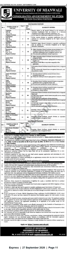 Newspaper clipping: University of Mianwali — Consolidated Advertisement No. 07/2026 for Non‑Teaching Positions, Express, 27 Sep 2026