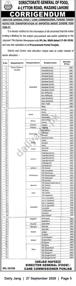 Newspaper clipping: Corrigendum: Tender for Transportation of Imported Wheat (Scheme 2026-27) — Directorate General of Food, Punjab, Jang, 27 Sep 2026