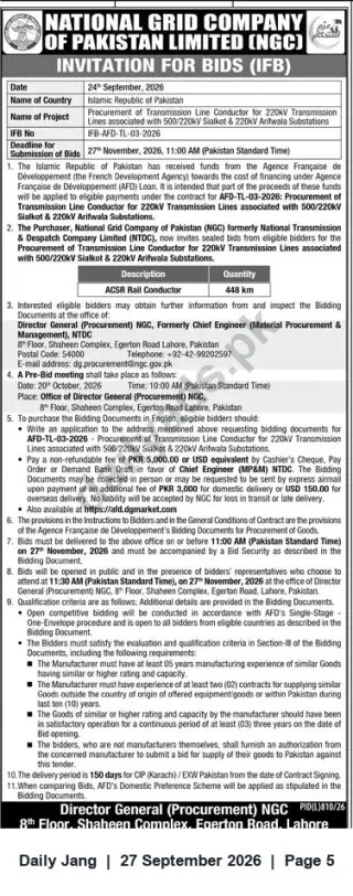 Newspaper clipping: NGCP IFB AFD-FTL-03-2026 – Supply of ACSR Rail Conductor for 220kV Lines (448 km), Jang, 27 Sep 2026