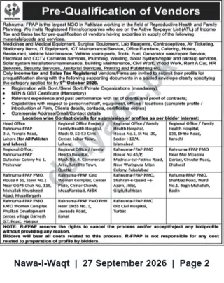Newspaper clipping: Rahnuma-FPAP Pre-Qualification of Vendors for Medical, Facility & Support Services, Nawa-i-Waqt, 27 Sep 2026