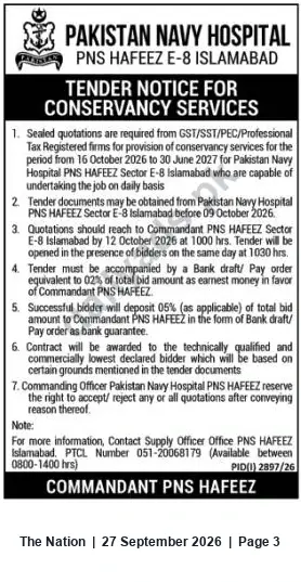 Newspaper clipping: Tender: Conservancy Services — Pakistan Navy Hospital PNS HAFEEZ, Islamabad, The Nation, 27 Sep 2026