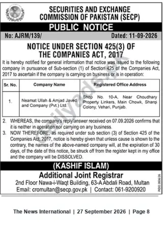 Newspaper clipping: SECP Notice: Proposed Strike-Off of Neamat Ullah & Amjad Javed and Company (Pvt.) Ltd., The News International, 27 Sep 2026