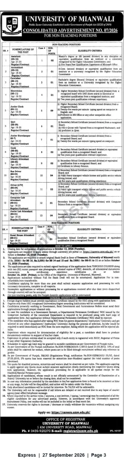 Newspaper clipping: University of Mianwali — Non‑Teaching Staff Recruitment (Consolidated Ad No. 07/2026), Express, 27 Sep 2026