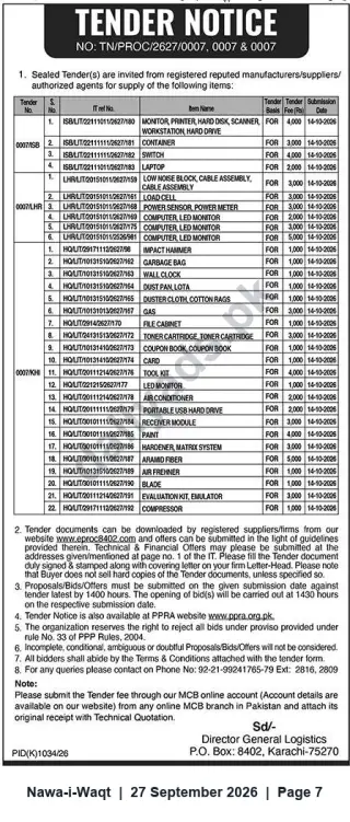 Newspaper clipping: Tender Notice: Supply of IT, Office & Workshop Items (TN/PROC/2627/0007), Nawa-i-Waqt, 27 Sep 2026