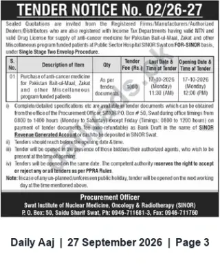 Newspaper clipping: SINOR Swat Tender No. 02/26-27 — Supply of Anti‑Cancer Medicines, Daily Aaj, 27 Sep 2026