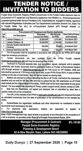 Newspaper clipping: Punjab Socio-Economic Registry (PSER) Tender: Procurement of Laptops, CCTV, External Hard Drives, Dunya, 27 Sep 2026