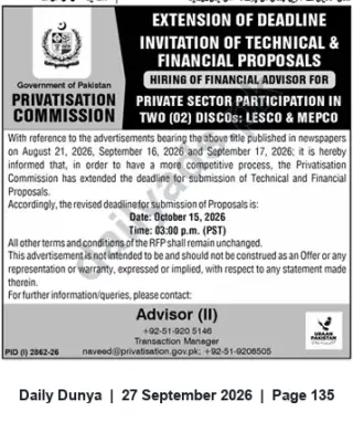 Newspaper clipping: Privatisation Commission Extends Deadline for Hiring Financial Advisor for LESCO & MEPCO (Proposals due 2026-10-15), Dunya, 27 Sep 2026