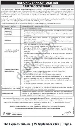 Newspaper clipping: National Bank of Pakistan – Procurement Officer (Contract) Vacancy, The Express Tribune, 27 Sep 2026