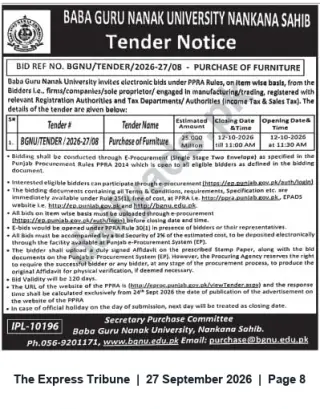 Newspaper clipping: BGNU Tender: Purchase of Furniture (Ref BGNU/TENDER/2026-27/08), The Express Tribune, 27 Sep 2026