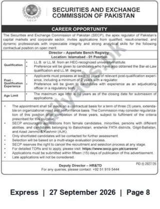 Newspaper clipping: SECP Recruitment: Director - Appellate Bench Registry (Contract) — Islamabad, Express, 27 Sep 2026