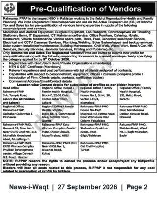 Newspaper clipping: Rahnuma-FPAP Pre-Qualification of Vendors for Supplies & Services, Nawa-i-Waqt, 27 Sep 2026