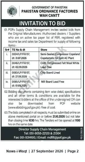 Newspaper clipping: POF Wah Cantt Invitation to Bid — Closing 2026-10-21, Nawa-i-Waqt, 27 Sep 2026