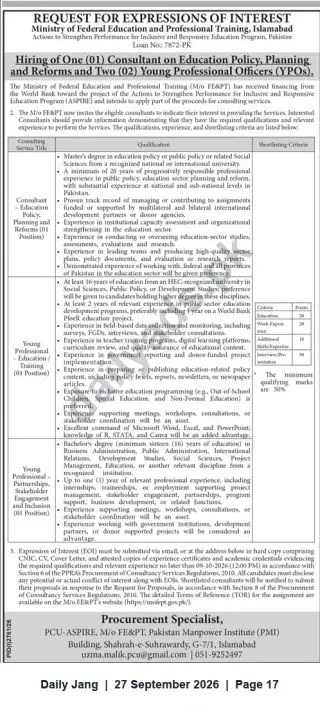 Newspaper clipping: Request for Expressions of Interest: Consultant on Education Policy & Two Young Professional Officers (ASPIRE Project), Jang, 27 Sep 2026
