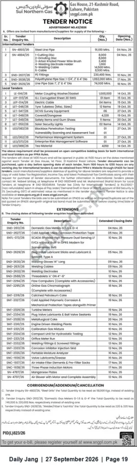 Newspaper clipping: Sui Northern Gas (SNGPL) Tender Notice — International & Local Supply Tenders (November 2026), Jang, 27 Sep 2026
