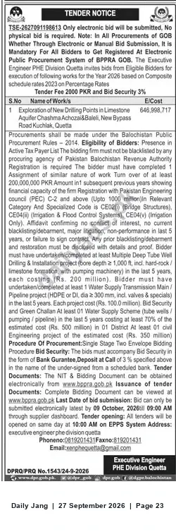 Newspaper clipping: PHE Division Quetta Tender: Exploration of New Drilling Points in Limestone Aquifer (Kuchlak/Quetta), Jang, 27 Sep 2026