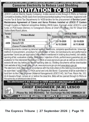 Newspaper clipping: LESCO Invitation to Bid: Service/Maintenance Agreement for Canon & Xerox Printers (Closing 2026-10-22), The Express Tribune, 27 Sep 2026