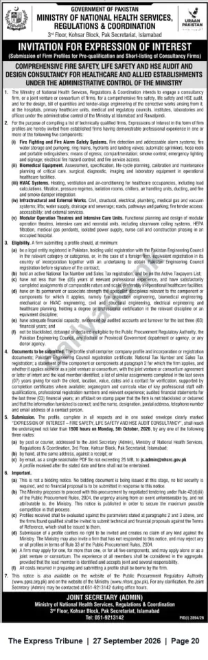 Newspaper clipping: EOI: Fire Safety, Life Safety & HSE Audit and Design Consultancy — Ministry of National Health Services (Islamabad), The Express Tribune, 27 Sep 2026