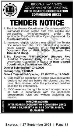 Newspaper clipping: IBCC Islamabad Tender Notice — Sealed Bids for Pre-Qualified Contractors (Submission 2026-10-12), Express, 27 Sep 2026