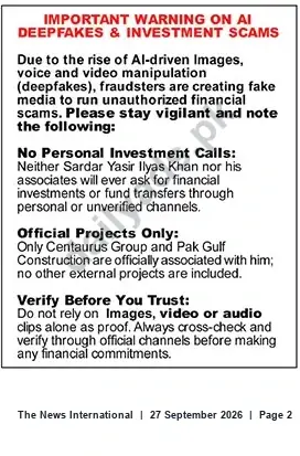 Newspaper clipping: Warning: AI Deepfakes and Investment Scam Alert, The News International, 27 Sep 2026