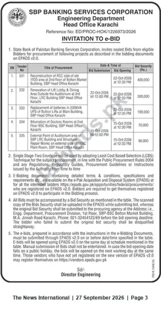 Newspaper clipping: SBP BSC Head Office Karachi — Invitation to e-Bid for Multiple Building, Mechanical & Electrical Works (Oct 2026), The News International, 27 Sep 2026