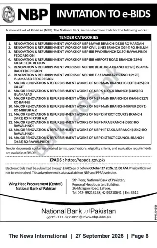 Newspaper clipping: NBP Invitation to e-Bids – Renovation & Refurbishment Works (Multiple Branches), The News International, 27 Sep 2026