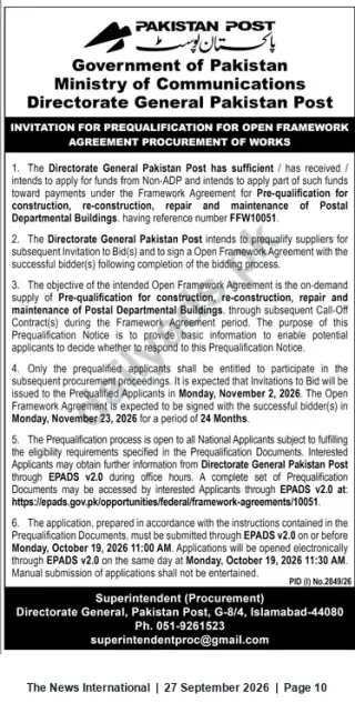 Newspaper clipping: Pakistan Post Prequalification: Open Framework Agreement for Construction, Repair & Maintenance of Postal Buildings (Ref FFW10051), The News International, 27 Sep 2026