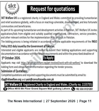 Newspaper clipping: SKT Welfare UK Request for Quotations for Pakistan Humanitarian & Development Projects, The News International, 27 Sep 2026