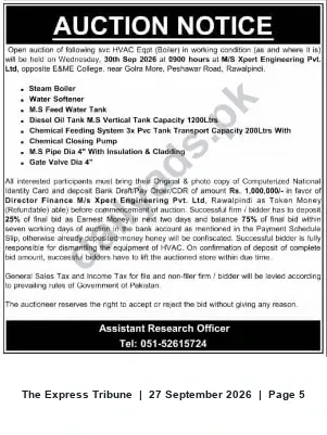 Newspaper clipping: Public Auction: HVAC Equipment & Boiler — M/s Xpert Engineering, Rawalpindi — 2026-09-30, The Express Tribune, 27 Sep 2026
