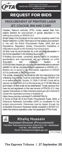 Newspaper clipping: PTA Request for Bids — Procurement of Laser Printers (Colour, B/W) and Card Printers, The Express Tribune, 27 Sep 2026