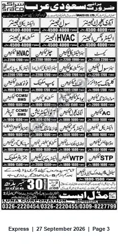Newspaper clipping: Recruitment for Saudi Arabia by LUNA CORPORATION — HVAC, BMS, AC, WTP/STP, Express, 27 Sep 2026