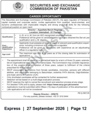 Newspaper clipping: SECP Hiring: Director — Appellate Bench Registry (Islamabad) — 3‑Year Contract, Express, 27 Sep 2026