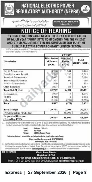 Newspaper clipping: NEPRA Notice of Hearing — SEPCO MYT Indexation & Consumer-End Tariff Adjustments (Hearing 2026-10-15), Express, 27 Sep 2026