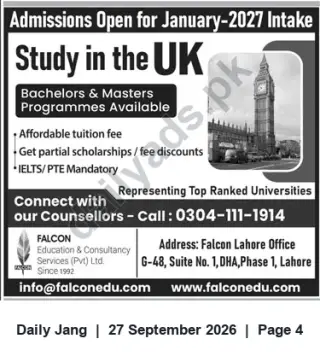 Newspaper clipping: Admissions Open — Study in the UK (January 2027) | Falcon Education & Consultancy, Jang, 27 Sep 2026