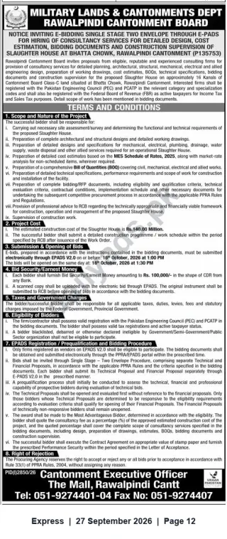 Newspaper clipping: Rawalpindi Cantonment Board Tender: Consultancy for Slaughter House Design & Supervision at Bhatta Chowk, Express, 27 Sep 2026