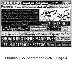 Newspaper clipping: Shoaib Brothers Manpower — Recruitment Contact, Express, 27 Sep 2026