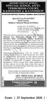 Newspaper clipping: Proclamation under Anti‑Terrorism Act — State vs Shabcer Ahmed Mirani (Special Case No.84/2025), Dawn, 27 Sep 2026