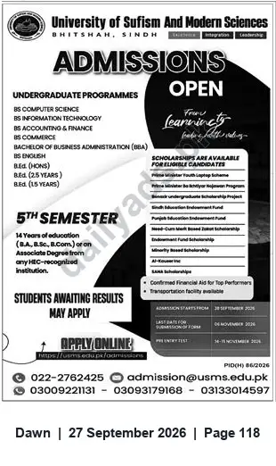 Newspaper clipping: Admissions Open — University of Sufism and Modern Sciences, Britshah (Undergraduate Programmes), Dawn, 27 Sep 2026