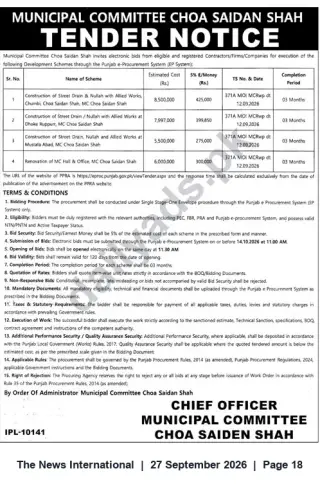 Newspaper clipping: Municipal Committee Choa Saidan Shah Tender Notice for Street Drain, Nullah and Allied Works, The News International, 27 Sep 2026