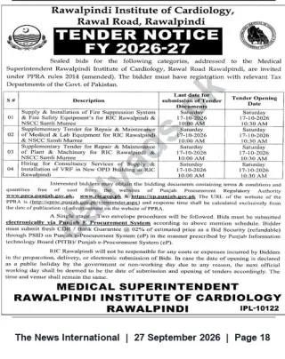 Newspaper clipping: Rawalpindi Institute of Cardiology — Tender Notice FY 2026-27 (Supply, Repair & Consultancy Works), The News International, 27 Sep 2026