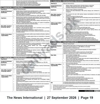 Newspaper clipping: Multiple IT Vacancies: IS Audit Officer, MIS Reporting Analyst, Project Support & Training Officers, The News International, 27 Sep 2026