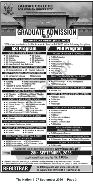 Newspaper clipping: LCWU Graduate Admissions Fall 2026 — MS & PhD Programs (Phase‑2), The Nation, 27 Sep 2026