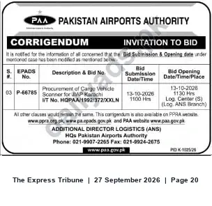 Newspaper clipping: PAA Corrigendum: Procurement of Cargo Vehicle Scanner (Bid P-66785) — Submission 2026-10-13, The Express Tribune, 27 Sep 2026