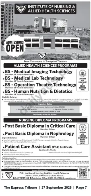 Newspaper clipping: Admissions Open — PKLI Institute of Nursing & Allied Health Sciences, Lahore, The Express Tribune, 27 Sep 2026