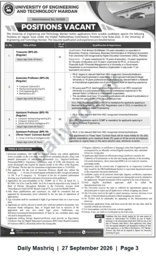 Newspaper clipping: UET Mardan — Vacancies for Treasurer, Associate & Assistant Professors (BPS-20 / BPS-19), Daily Mashriq, 27 Sep 2026