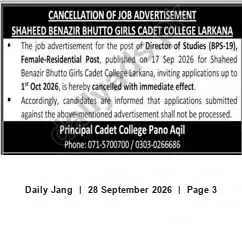 Newspaper clipping: Cancellation: Director of Studies (BPS-19) — Shaheed Benazir Bhutto Girls Cadet College Larkana, Jang, 28 Sep 2026