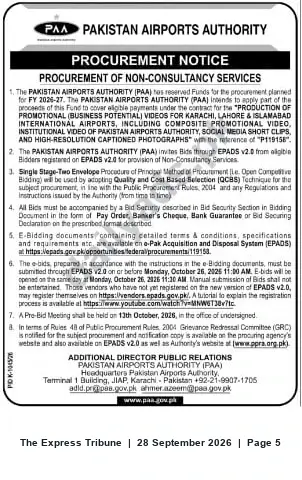 Newspaper clipping: PAA Tender: Production of Promotional Videos & High‑Resolution Photographs for Karachi, Lahore & Islamabad Airports (Ref P119158), The Express Tribune, 28 Sep 2026