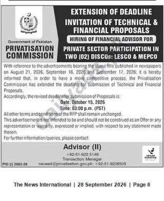 Newspaper clipping: Privatisation Commission — Extension: Financial Advisor Proposals for Private Sector Participation in LESCO & MEPCO, The News International, 28 Sep 2026