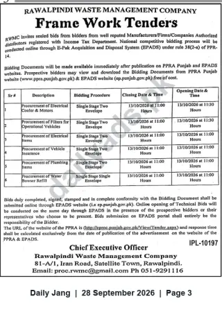 Newspaper clipping: Rawalpindi Waste Management Company Framework Tenders — Procurement of Electrical, Vehicle & Operational Items (Closing 2026-10-13), Jang, 28 Sep 2026